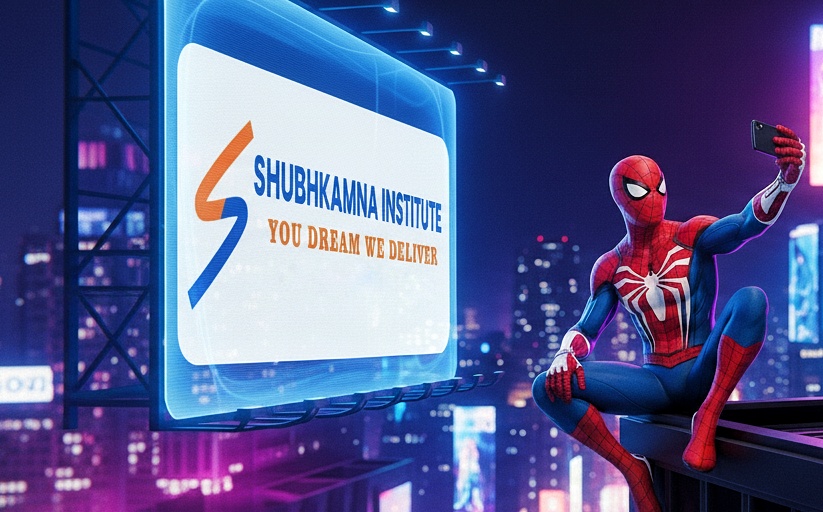 3D Spider-Man taking a selfie in front of Shubhkamna Institute billboard – Animation, VFX, and Filmmaking courses